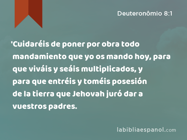 'Cuidaréis de poner por obra todo mandamiento que yo os mando hoy, para que viváis y seáis multiplicados, y para que entréis y toméis posesión de la tierra que Jehovah juró dar a vuestros padres. - Deuteronômio 8:1