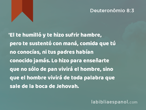 'El te humilló y te hizo sufrir hambre, pero te sustentó con maná, comida que tú no conocías, ni tus padres habían conocido jamás. Lo hizo para enseñarte que no sólo de pan vivirá el hombre, sino que el hombre vivirá de toda palabra que sale de la boca de Jehovah. - Deuteronômio 8:3