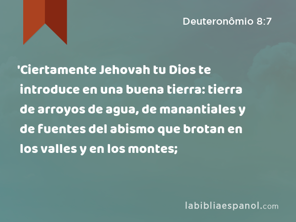 'Ciertamente Jehovah tu Dios te introduce en una buena tierra: tierra de arroyos de agua, de manantiales y de fuentes del abismo que brotan en los valles y en los montes; - Deuteronômio 8:7