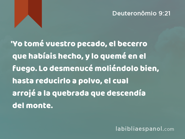 'Yo tomé vuestro pecado, el becerro que habíais hecho, y lo quemé en el fuego. Lo desmenucé moliéndolo bien, hasta reducirlo a polvo, el cual arrojé a la quebrada que descendía del monte. - Deuteronômio 9:21