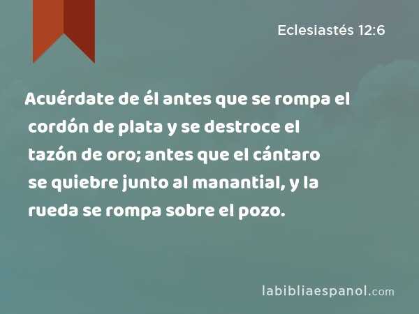 Acuérdate de él antes que se rompa el cordón de plata y se destroce el tazón de oro; antes que el cántaro se quiebre junto al manantial, y la rueda se rompa sobre el pozo. - Eclesiastés 12:6