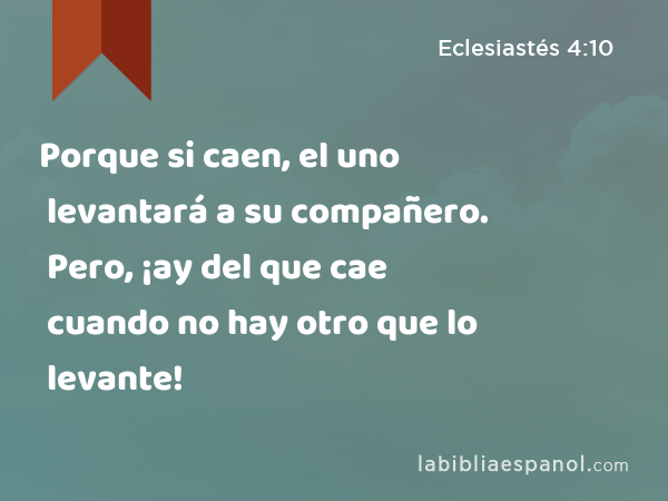 Porque si caen, el uno levantará a su compañero. Pero, ¡ay del que cae cuando no hay otro que lo levante! - Eclesiastés 4:10