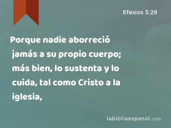 Porque nadie aborreció jamás a su propio cuerpo; más bien, lo sustenta y lo cuida, tal como Cristo a la iglesia, - Efesios 5:29