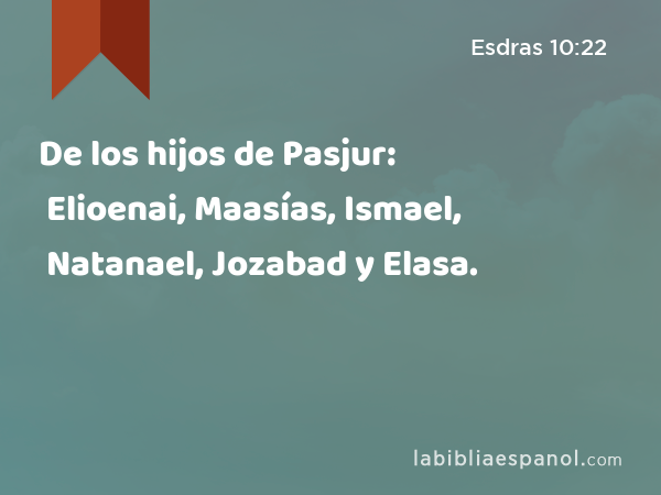 De los hijos de Pasjur: Elioenai, Maasías, Ismael, Natanael, Jozabad y Elasa. - Esdras 10:22