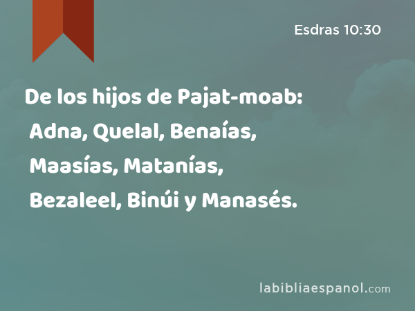 De los hijos de Pajat-moab: Adna, Quelal, Benaías, Maasías, Matanías, Bezaleel, Binúi y Manasés. - Esdras 10:30