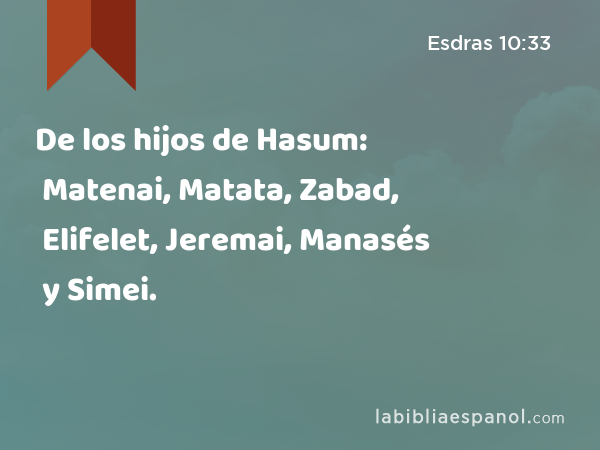 De los hijos de Hasum: Matenai, Matata, Zabad, Elifelet, Jeremai, Manasés y Simei. - Esdras 10:33