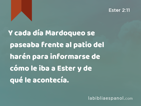 Y cada día Mardoqueo se paseaba frente al patio del harén para informarse de cómo le iba a Ester y de qué le acontecía. - Ester 2:11