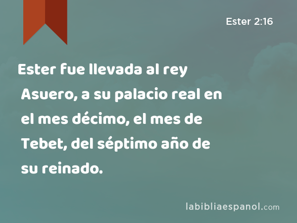 Ester fue llevada al rey Asuero, a su palacio real en el mes décimo, el mes de Tebet, del séptimo año de su reinado. - Ester 2:16