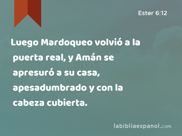 Luego Mardoqueo volvió a la puerta real, y Amán se apresuró a su casa, apesadumbrado y con la cabeza cubierta. - Ester 6:12