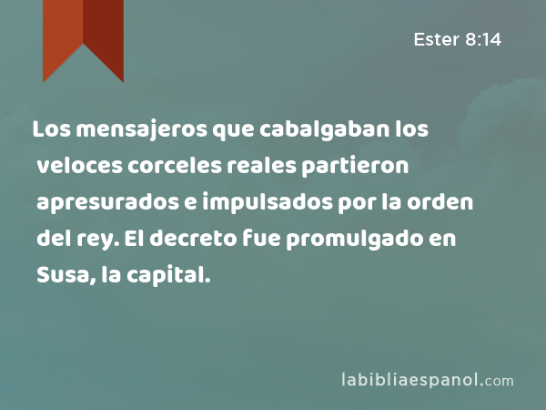 Los mensajeros que cabalgaban los veloces corceles reales partieron apresurados e impulsados por la orden del rey. El decreto fue promulgado en Susa, la capital. - Ester 8:14