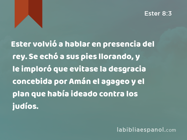 Ester volvió a hablar en presencia del rey. Se echó a sus pies llorando, y le imploró que evitase la desgracia concebida por Amán el agageo y el plan que había ideado contra los judíos. - Ester 8:3