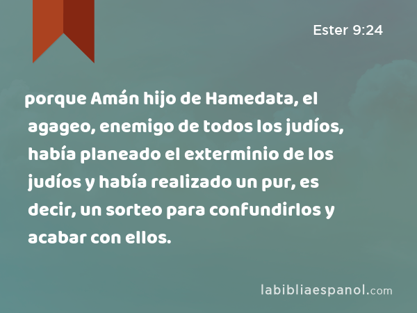 porque Amán hijo de Hamedata, el agageo, enemigo de todos los judíos, había planeado el exterminio de los judíos y había realizado un pur, es decir, un sorteo para confundirlos y acabar con ellos. - Ester 9:24