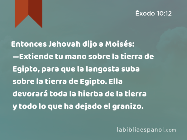 Entonces Jehovah dijo a Moisés: —Extiende tu mano sobre la tierra de Egipto, para que la langosta suba sobre la tierra de Egipto. Ella devorará toda la hierba de la tierra y todo lo que ha dejado el granizo. - Êxodo 10:12