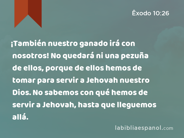 ¡También nuestro ganado irá con nosotros! No quedará ni una pezuña de ellos, porque de ellos hemos de tomar para servir a Jehovah nuestro Dios. No sabemos con qué hemos de servir a Jehovah, hasta que lleguemos allá. - Êxodo 10:26