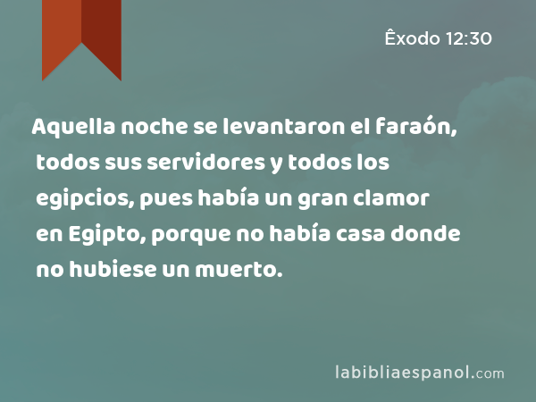 Aquella noche se levantaron el faraón, todos sus servidores y todos los egipcios, pues había un gran clamor en Egipto, porque no había casa donde no hubiese un muerto. - Êxodo 12:30