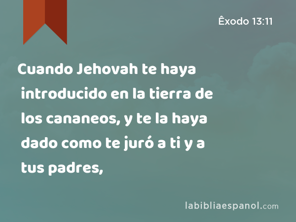 Cuando Jehovah te haya introducido en la tierra de los cananeos, y te la haya dado como te juró a ti y a tus padres, - Êxodo 13:11