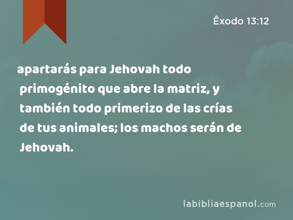 apartarás para Jehovah todo primogénito que abre la matriz, y también todo primerizo de las crías de tus animales; los machos serán de Jehovah. - Êxodo 13:12