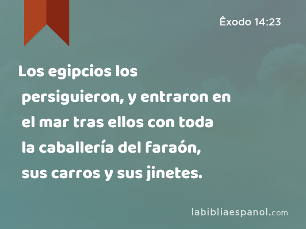 Los egipcios los persiguieron, y entraron en el mar tras ellos con toda la caballería del faraón, sus carros y sus jinetes. - Êxodo 14:23