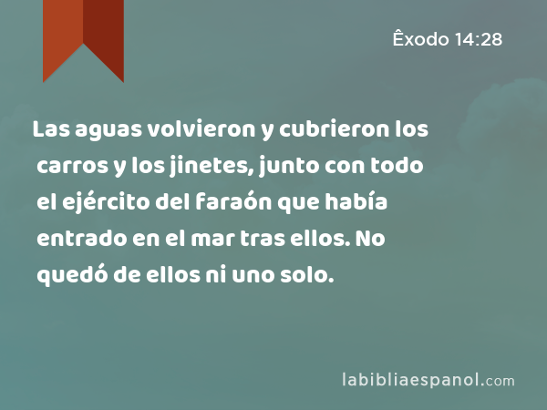 Las aguas volvieron y cubrieron los carros y los jinetes, junto con todo el ejército del faraón que había entrado en el mar tras ellos. No quedó de ellos ni uno solo. - Êxodo 14:28