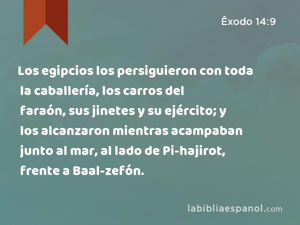 Los egipcios los persiguieron con toda la caballería, los carros del faraón, sus jinetes y su ejército; y los alcanzaron mientras acampaban junto al mar, al lado de Pi-hajirot, frente a Baal-zefón. - Êxodo 14:9