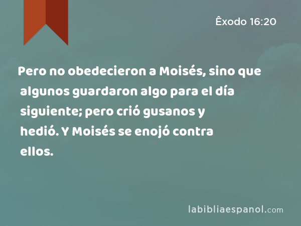 Pero no obedecieron a Moisés, sino que algunos guardaron algo para el día siguiente; pero crió gusanos y hedió. Y Moisés se enojó contra ellos. - Êxodo 16:20