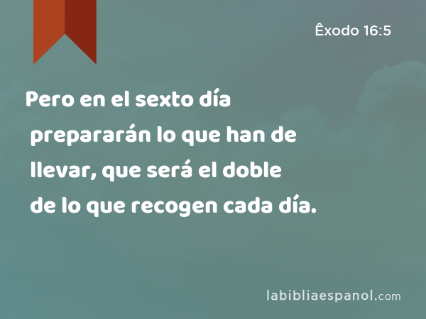 Pero en el sexto día prepararán lo que han de llevar, que será el doble de lo que recogen cada día. - Êxodo 16:5