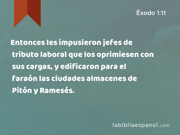 Entonces les impusieron jefes de tributo laboral que los oprimiesen con sus cargas, y edificaron para el faraón las ciudades almacenes de Pitón y Ramesés. - Êxodo 1:11