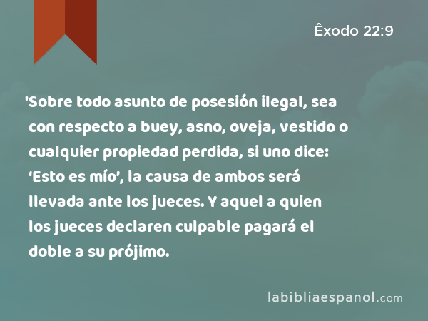 'Sobre todo asunto de posesión ilegal, sea con respecto a buey, asno, oveja, vestido o cualquier propiedad perdida, si uno dice: ‘Esto es mío’, la causa de ambos será llevada ante los jueces. Y aquel a quien los jueces declaren culpable pagará el doble a su prójimo. - Êxodo 22:9