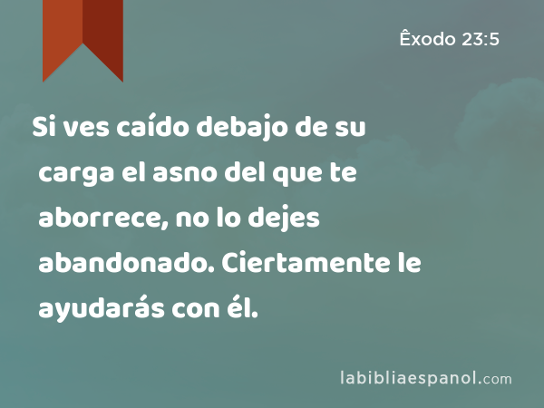 Si ves caído debajo de su carga el asno del que te aborrece, no lo dejes abandonado. Ciertamente le ayudarás con él. - Êxodo 23:5