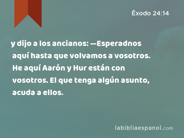 y dijo a los ancianos: —Esperadnos aquí hasta que volvamos a vosotros. He aquí Aarón y Hur están con vosotros. El que tenga algún asunto, acuda a ellos. - Êxodo 24:14