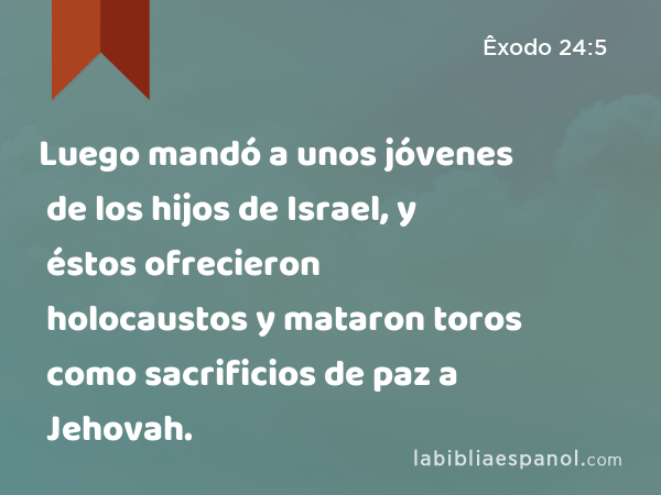 Luego mandó a unos jóvenes de los hijos de Israel, y éstos ofrecieron holocaustos y mataron toros como sacrificios de paz a Jehovah. - Êxodo 24:5