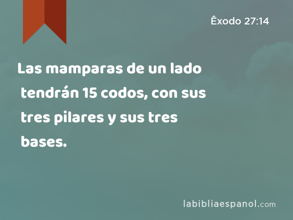 Las mamparas de un lado tendrán 15 codos, con sus tres pilares y sus tres bases. - Êxodo 27:14