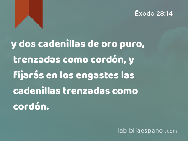 y dos cadenillas de oro puro, trenzadas como cordón, y fijarás en los engastes las cadenillas trenzadas como cordón. - Êxodo 28:14