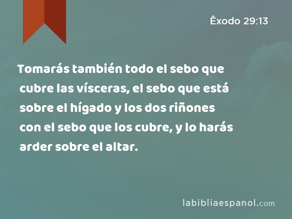 Tomarás también todo el sebo que cubre las vísceras, el sebo que está sobre el hígado y los dos riñones con el sebo que los cubre, y lo harás arder sobre el altar. - Êxodo 29:13