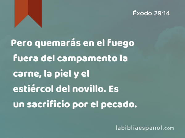 Pero quemarás en el fuego fuera del campamento la carne, la piel y el estiércol del novillo. Es un sacrificio por el pecado. - Êxodo 29:14