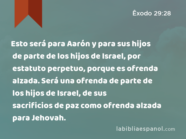 Esto será para Aarón y para sus hijos de parte de los hijos de Israel, por estatuto perpetuo, porque es ofrenda alzada. Será una ofrenda de parte de los hijos de Israel, de sus sacrificios de paz como ofrenda alzada para Jehovah. - Êxodo 29:28