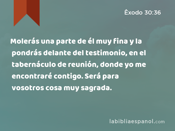 Molerás una parte de él muy fina y la pondrás delante del testimonio, en el tabernáculo de reunión, donde yo me encontraré contigo. Será para vosotros cosa muy sagrada. - Êxodo 30:36