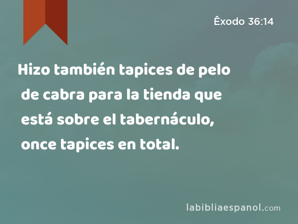 Hizo también tapices de pelo de cabra para la tienda que está sobre el tabernáculo, once tapices en total. - Êxodo 36:14