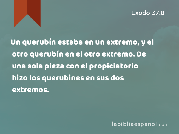 Un querubín estaba en un extremo, y el otro querubín en el otro extremo. De una sola pieza con el propiciatorio hizo los querubines en sus dos extremos. - Êxodo 37:8