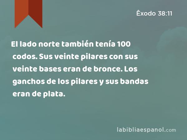 El lado norte también tenía 100 codos. Sus veinte pilares con sus veinte bases eran de bronce. Los ganchos de los pilares y sus bandas eran de plata. - Êxodo 38:11