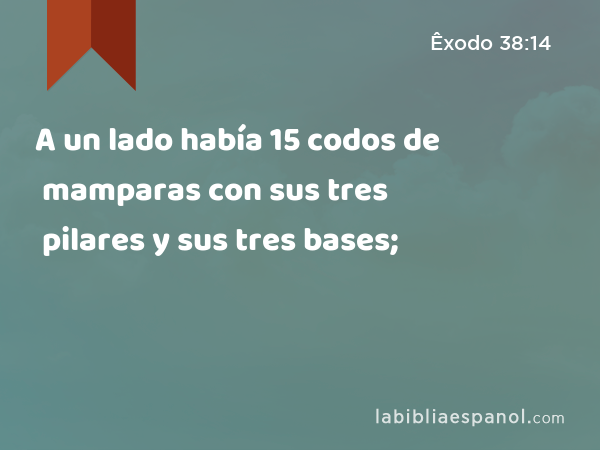 A un lado había 15 codos de mamparas con sus tres pilares y sus tres bases; - Êxodo 38:14