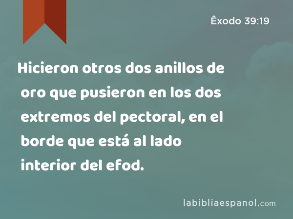 Hicieron otros dos anillos de oro que pusieron en los dos extremos del pectoral, en el borde que está al lado interior del efod. - Êxodo 39:19