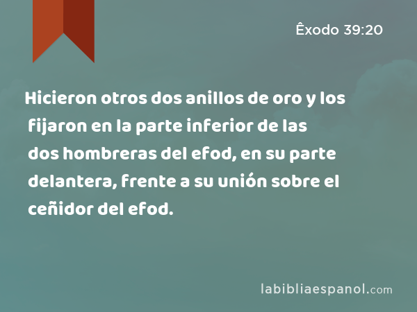 Hicieron otros dos anillos de oro y los fijaron en la parte inferior de las dos hombreras del efod, en su parte delantera, frente a su unión sobre el ceñidor del efod. - Êxodo 39:20