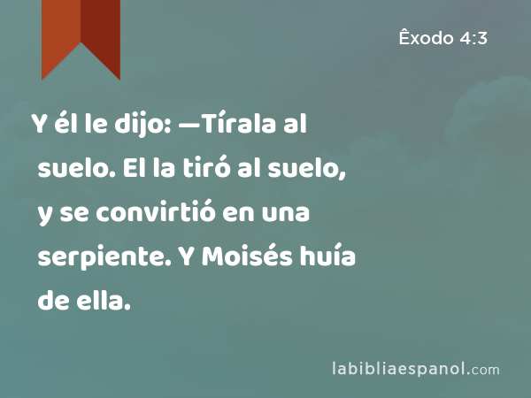 Y él le dijo: —Tírala al suelo. El la tiró al suelo, y se convirtió en una serpiente. Y Moisés huía de ella. - Êxodo 4:3