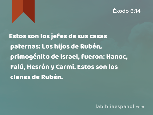 Estos son los jefes de sus casas paternas: Los hijos de Rubén, primogénito de Israel, fueron: Hanoc, Falú, Hesrón y Carmi. Estos son los clanes de Rubén. - Êxodo 6:14