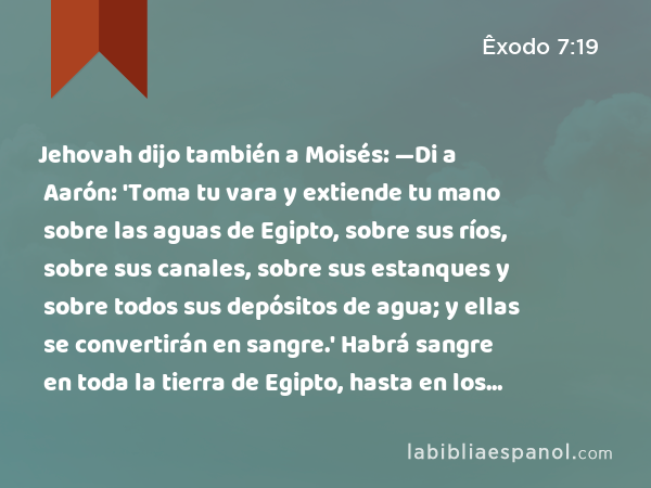 Jehovah dijo también a Moisés: —Di a Aarón: 'Toma tu vara y extiende tu mano sobre las aguas de Egipto, sobre sus ríos, sobre sus canales, sobre sus estanques y sobre todos sus depósitos de agua; y ellas se convertirán en sangre.' Habrá sangre en toda la tierra de Egipto, hasta en los baldes de madera y en las vasijas de piedra. - Êxodo 7:19