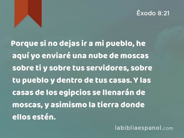 Porque si no dejas ir a mi pueblo, he aquí yo enviaré una nube de moscas sobre ti y sobre tus servidores, sobre tu pueblo y dentro de tus casas. Y las casas de los egipcios se llenarán de moscas, y asimismo la tierra donde ellos estén. - Êxodo 8:21