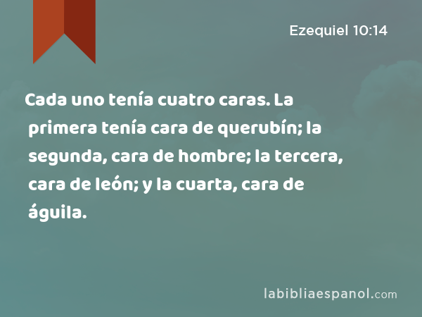 Cada uno tenía cuatro caras. La primera tenía cara de querubín; la segunda, cara de hombre; la tercera, cara de león; y la cuarta, cara de águila. - Ezequiel 10:14