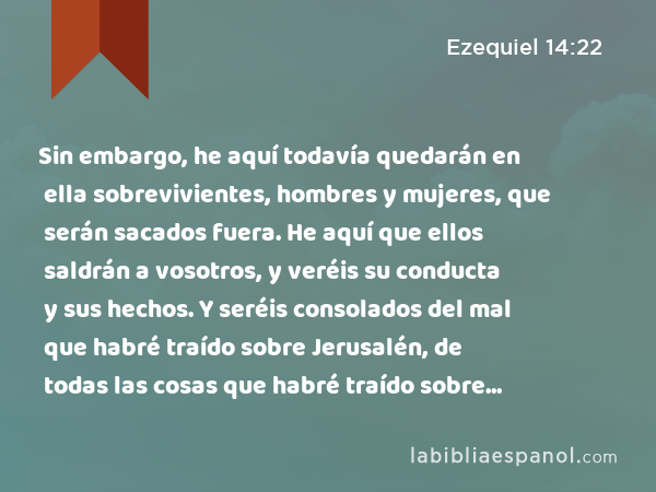 Sin embargo, he aquí todavía quedarán en ella sobrevivientes, hombres y mujeres, que serán sacados fuera. He aquí que ellos saldrán a vosotros, y veréis su conducta y sus hechos. Y seréis consolados del mal que habré traído sobre Jerusalén, de todas las cosas que habré traído sobre ella. - Ezequiel 14:22