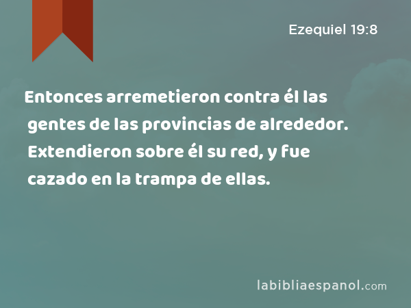 Entonces arremetieron contra él las gentes de las provincias de alrededor. Extendieron sobre él su red, y fue cazado en la trampa de ellas. - Ezequiel 19:8